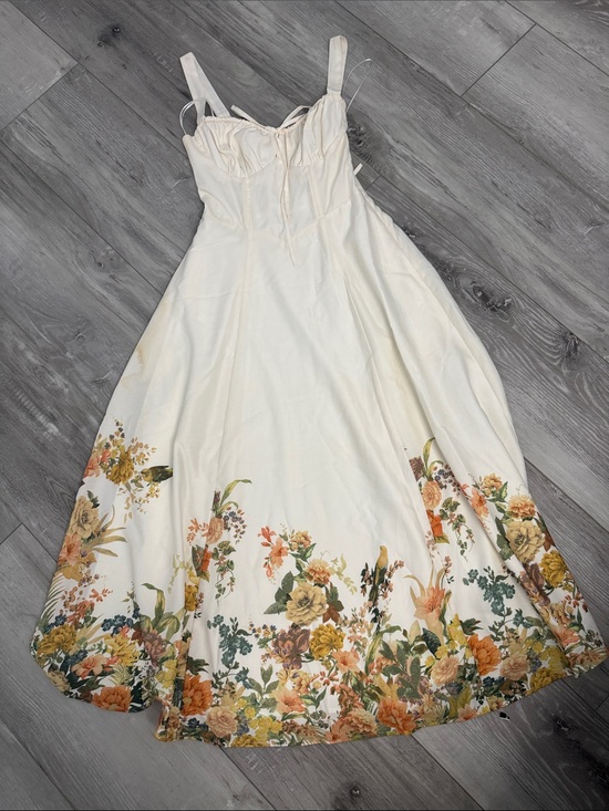Vintage Dresses & Skirts - Vintage Cream Maxi Dress with Orange & Yellow Floral Border side pockets